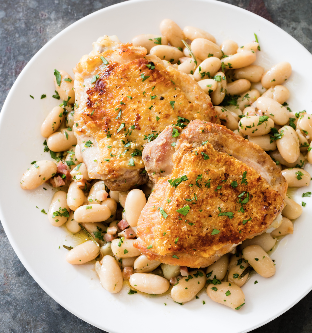 One dish rosemary chicken and white beans