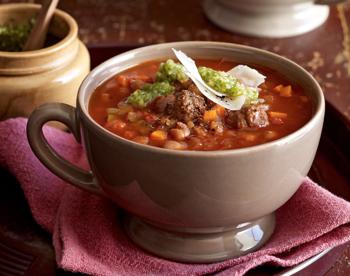 Paprika meatball and borlotti soup